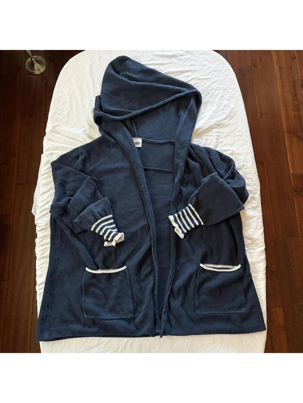 Navy Cardigan Stripe Accents Hooded Sailor Coastal Nautical